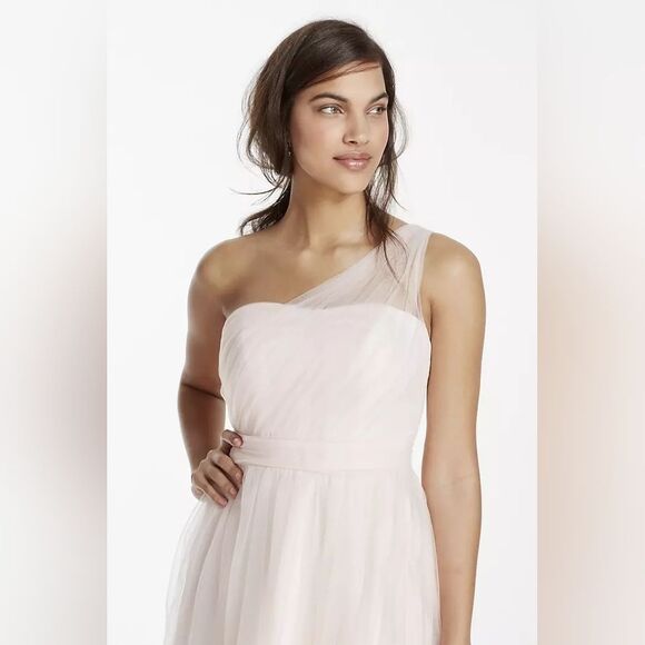 🍑David's Bridal Pink Petal Tulle One Shoulder Dress Size 2 - Picture 2 of 14